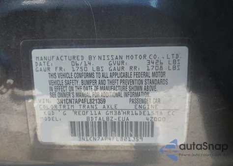 2015 Nissan Versa 1.6 Sv z USA, uszkodzony, nr VIN 3N1CN7AP4FL821359